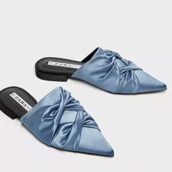 Zara TRF Women Flat Gathered Mules Satin Sky Blue Pointed Toe sz 37 7. Condition is "Pre-owned". Shipped with USPS Priority Mail. Minor wear and tear