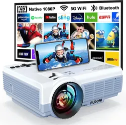 FUDONI Projector with 5G WiFi & Bluetooth, Native 1080P 18000L Portable Movie Projector for Home Theater Outdoor, Built-in Speaker, Compatible with HD