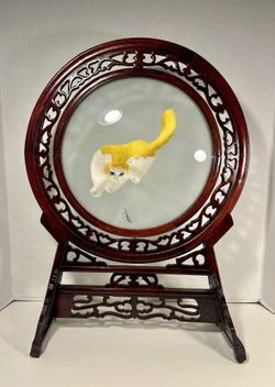 Vintage Chinese Oriental Silk Embroidery Cat and Mantis Double-Sided Wood Framed