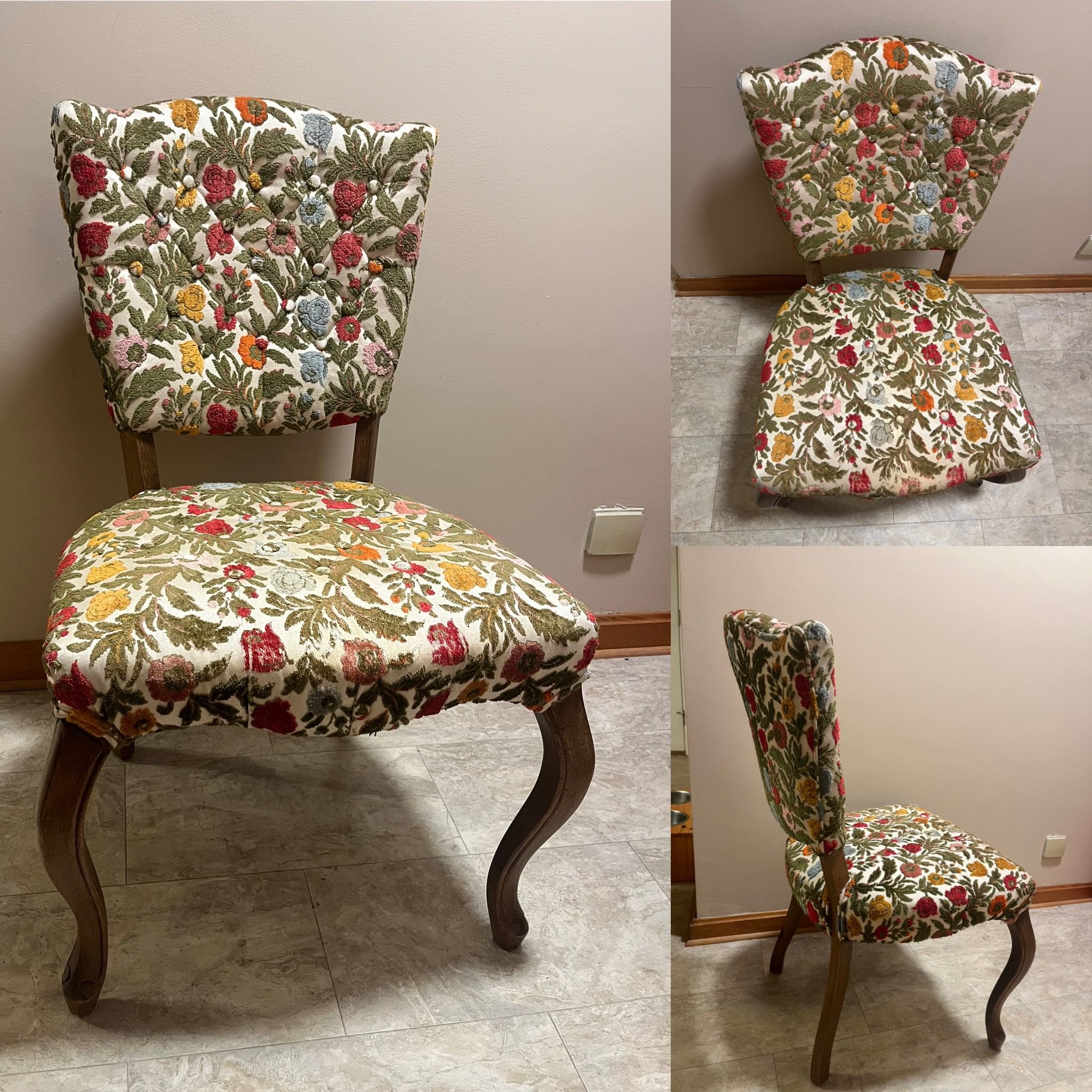 Vintage Wood Chair Upholstered With Beautiful Floral Fabric