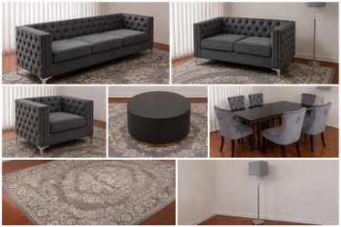 Modern Gray Velvet Living Room & Dining Room Set – Like New – Complete Set