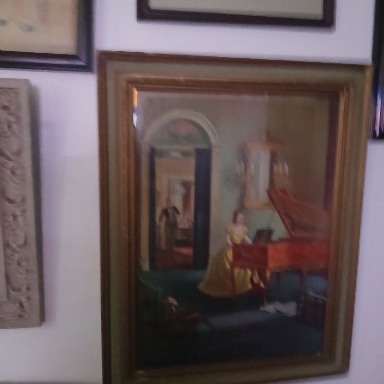 Woman In Yellow Dress Playing The Harpsichordo