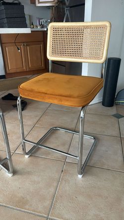 Set of 4 Cane-Back Velvet Bar Stools - Chrome, 29" Bar Height, Like New