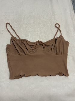 SHEIN Mocha Brown Ribbed Tie-Front Lettuc-Hem Crop Top - Size Small (US 4)