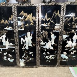 Vintage Asian Lacquered Wood Panels 