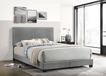 NEW IN BOX- Full Size Glam Grey Velvet Bed Frame with Nailhead Trim