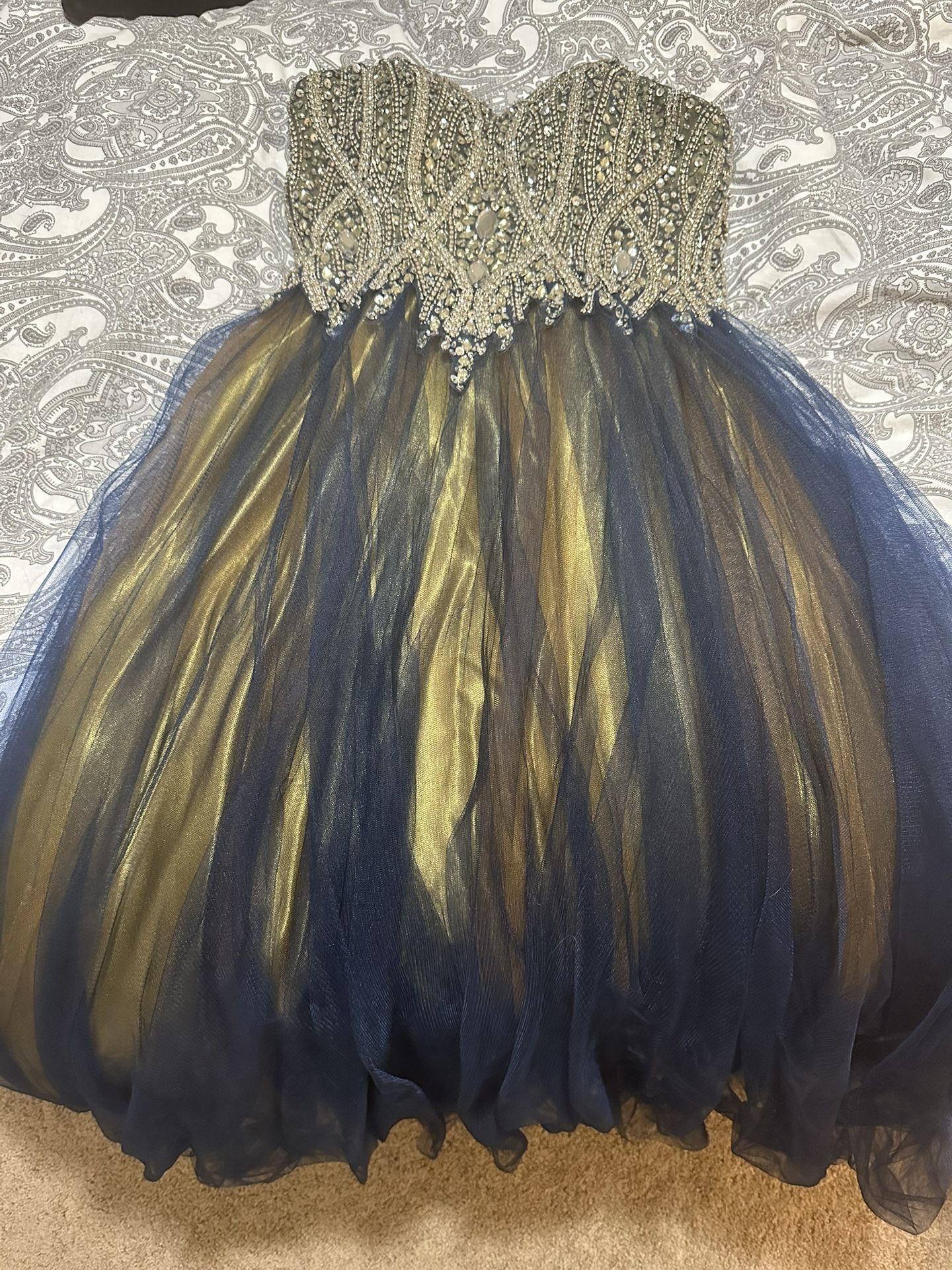 Blue/Gold Jeweled Prom Dress