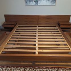 Copenhagen Teak Wood CA King Bed w LG Storage Drawers & 2 Matching End Tables