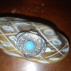 Homemade pill container made from a shell with a turquoise top that opens  rare find extremely unique original condition for sale.