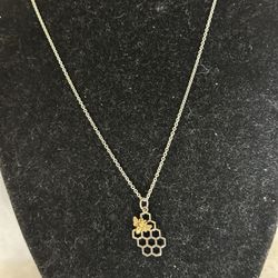 925 Honeycomb Pendant & Rope Chain W/ Bronze Bee 18” Long Great Shape 