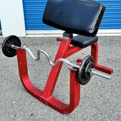 GYM EXERCISE CURLING BENCH AND WEIGHTS
