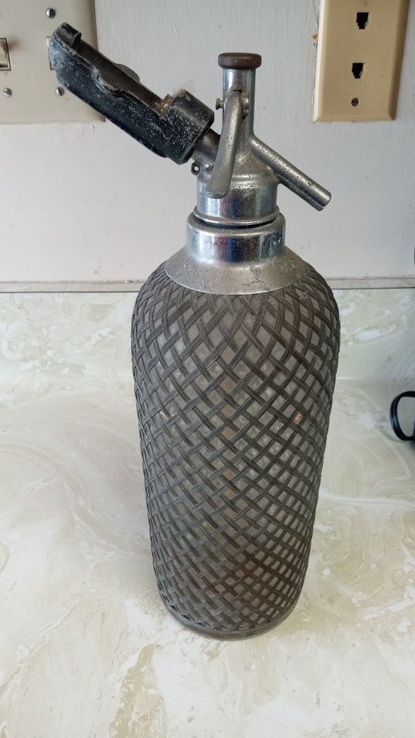 Antique Spritzer Seltzer Soda Bottle with Metal Mesh 1920-40 Art Deco
