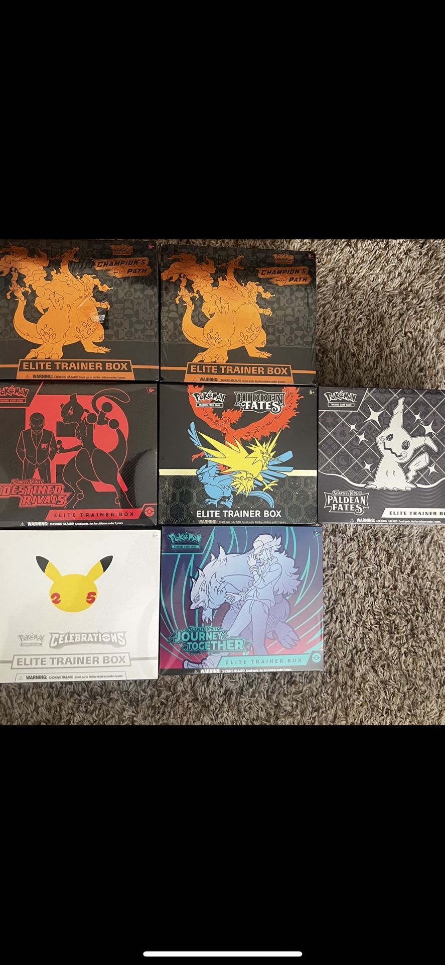 Pokemon Elite Trainer Boxes Champions Path, Destined Rivals, Hidden Fates, Paldean Fates, Celebrations, And Journey Together