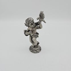 Vintage Sun Small Pewter Cherubs Angels with Dove Figurine 3 1/2" Tall