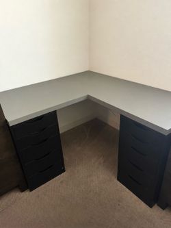 Modern L-Shaped Corner Desk – Gray Top & Black Drawer Units – Great Condition