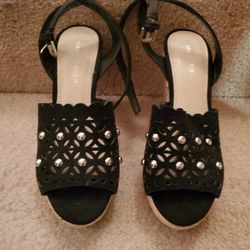Black Velvet Studded Wedge Shoes