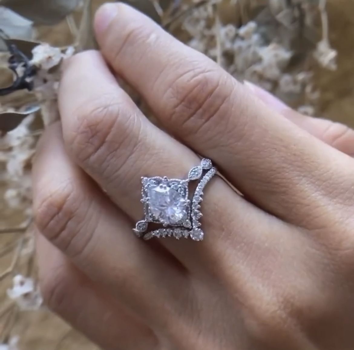 Moissanite 1.5 Carat White Gold lace halo wedding engagement Sterling Silver ring