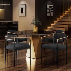 Black Upholstered Dining Chairs Set of 4, Modern Boucle Dining Chairs with Gold Arms and Metal Legs for Kitchen, Living Room, Reception and Restaurant