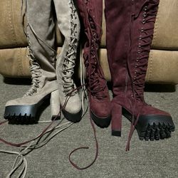 Women Over Knee Velour boots with platform heels.