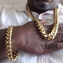 New 18k Yellow Gold Filled Cuban Link Chain And Bracelet 