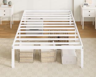White Metal Platform Bed Frame with Slats