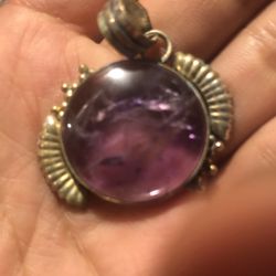 Vintage Amethyst Cabochon Rainbow Pendant In 925 Sterling Silver 