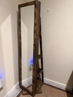 360° Rotating Jewelry Armoire Cabinet with Full Length Mirror - Rustic Brown