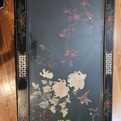 Vintage Black Lacquered Chinoiserie Glass Top Coffee Table With Mother Of Pearl Inlay. 