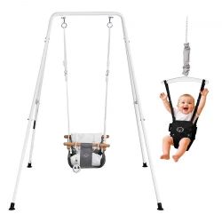 505*Toddler Swing and Jumper, 2 in 1 Swing Set and Bouncer, Soft Cushion with Foldable A-Frame Metal Stand, Heavy-Duty Thick Ropes, Easy to Install an