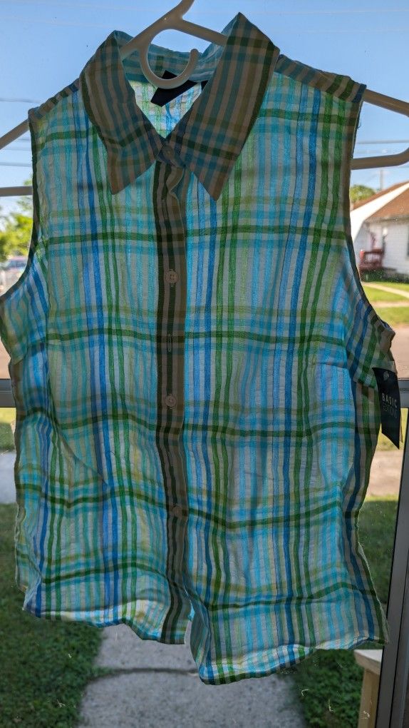New Womens Seersucker Small 4-6, Shirt Cotton 100%, Sleeveless, Shell, Lightweight, Blue, Green, White. East or West