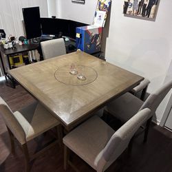 6-Piece Counter-Height Brown Dining Table Set w/ Lazy Susan + Bench & Chairs