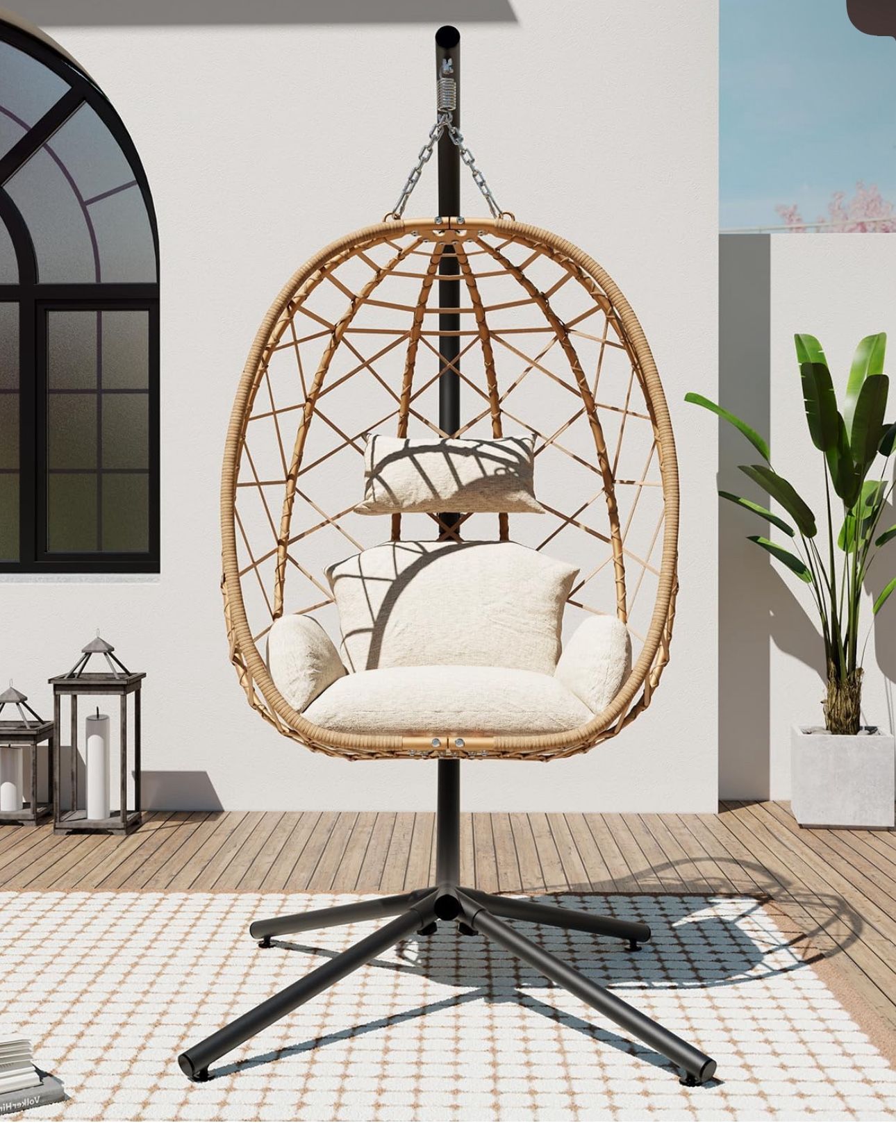 Egg Swing Chair with Stand, Outdoor Patio Hanging Egg Chair