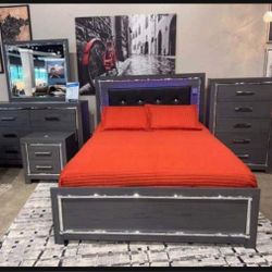 Casual Style Gray Queen Panel Bedroom Set With LED Headboard And With Storage Drawers 🌼Showroom Available 🏠