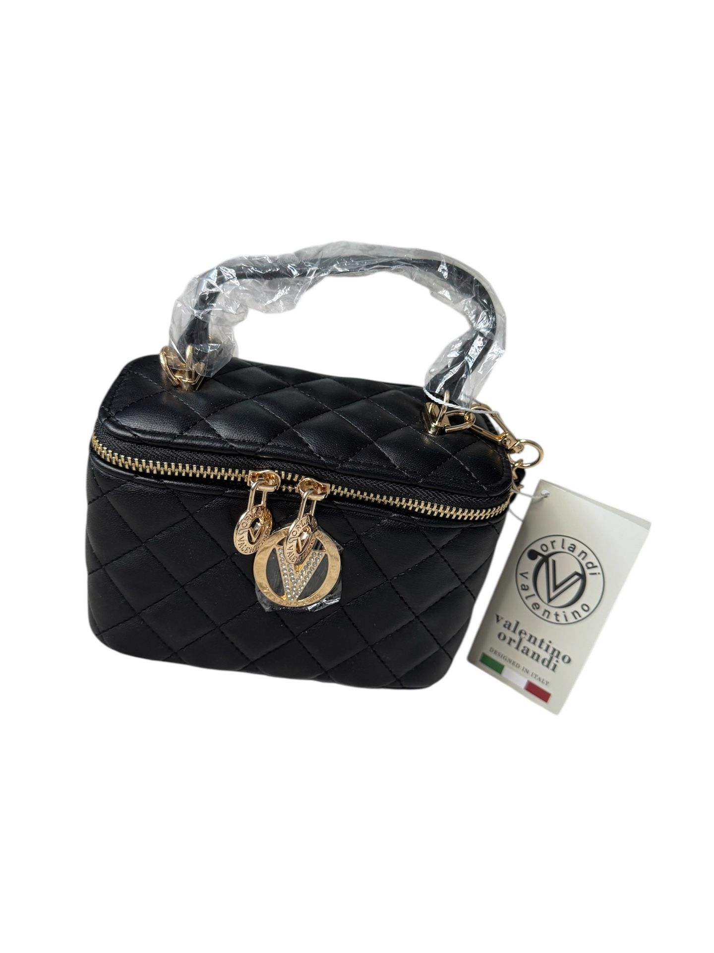 Valentino Orlandi Black Quilted Vanity Bag Top Handle Crossbody MSRP$330