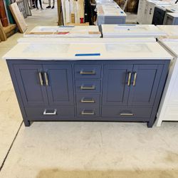 Brand New Beautiful Bathroom Vanity in Marine Gray “60” double sink, Soft Close Solid Wood, 5 drawers and 4 doors and modern handles with Marble Top 