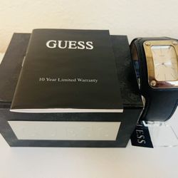 Guess Rectangular Face Watch With Black Leather Strap