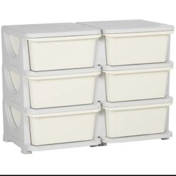 Qaba 3 Tier Kids Storage Unit, 6 Drawer Chest Toy Organizer Plastic Bins, Cream White, 311-053V00CW