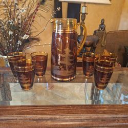 VINTAGE CZECH Amber Glass Pitcher and Tumbler Set