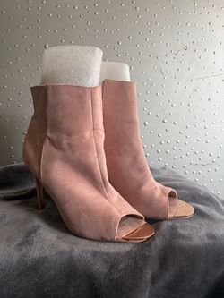 Blush Pink Suede Peep-Toe Ankle Boots