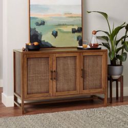 Warwick 3 Door Accent TV Stand for TVs up to 59" Stand Brown - Threshold™: Transitional Style, Hardwood Frame, Cable Management