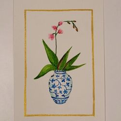 4"x6" Watercolor Painting of Orchid  in a Blue Vase