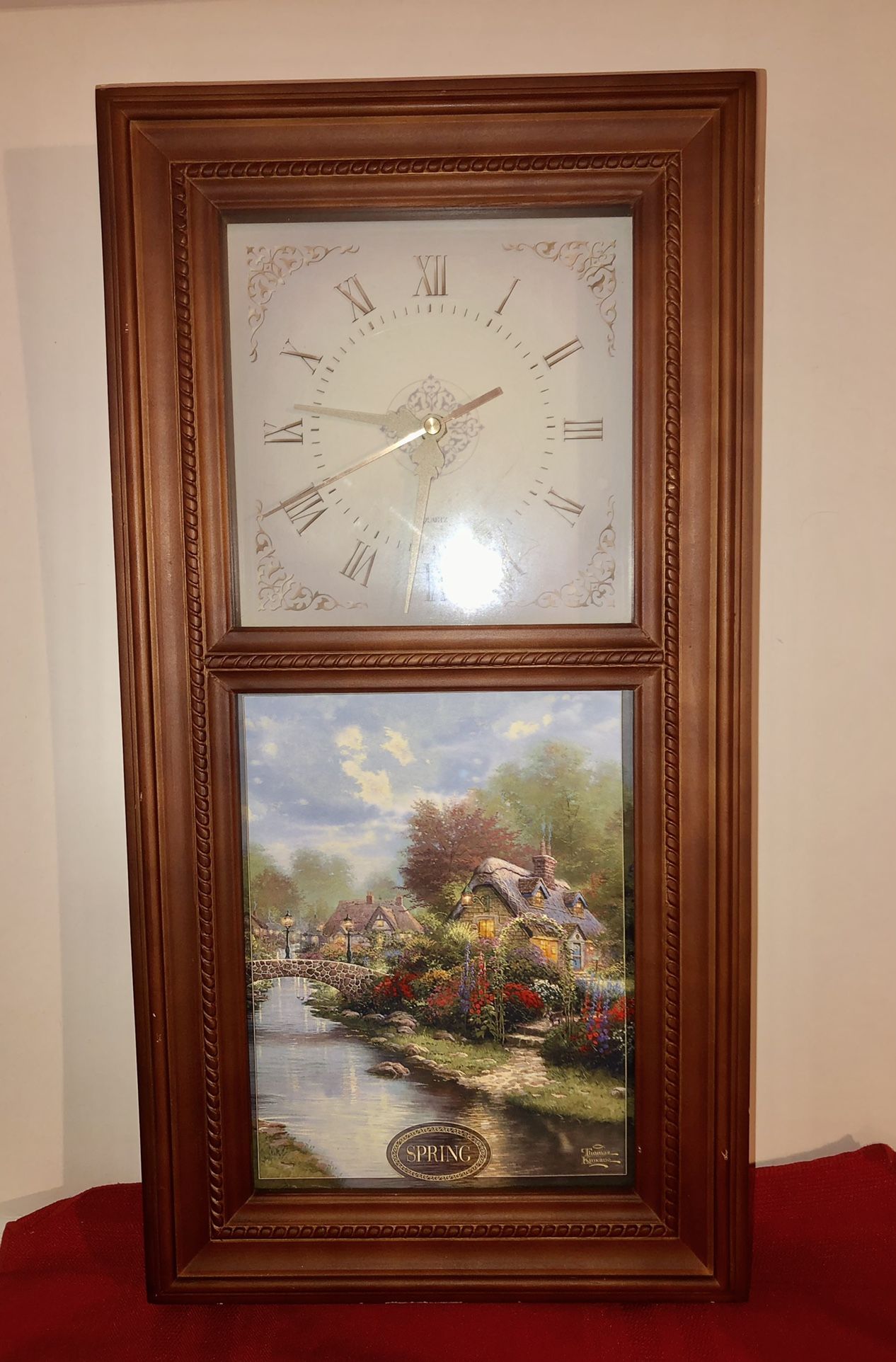 2002 THOMAS KINKADE WOOD WALL CLOCK W PORCELAIN LAMPLIGHT BRIDGE PLATE 21” X 10”