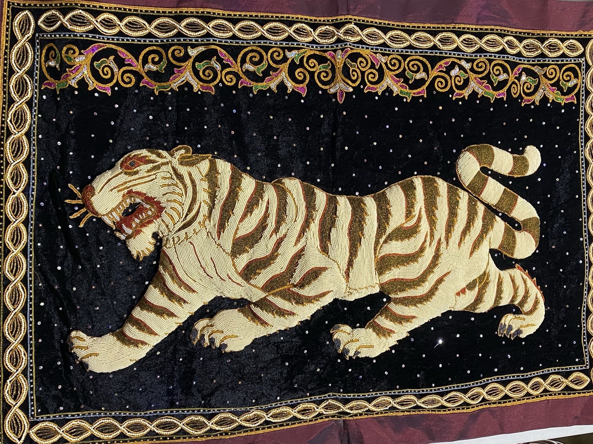 Vintage handmade India Tapestry, Tiger, Sequins, Beads, Silver & Gold Thread.