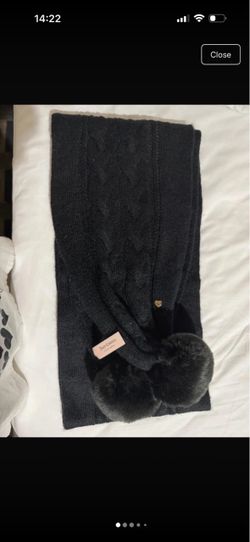 Juicy Couture Black Cable Knit Scarf with Pom Poms