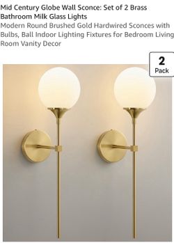 Mid Century Globe Wall Sconce: Set of 2 Brass Bathroom Milk Glass Lights Modern Round Brushed Gold Hardwired Sconces with Bulbs, Ball Indoor Lighting