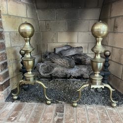 Solid Brass Andirons, Tool Set And Screen For Fireplace