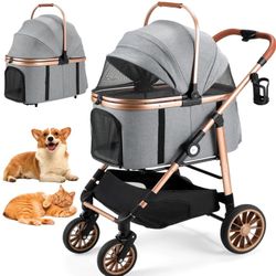 4-Wheel Foldable Dog Stroller for Small/Medium Dogs and Cats up to 55 lbs, 3-in-1 Dog Stroller, Detachable Carrier & One-Click Fold Design, Pet Stroll