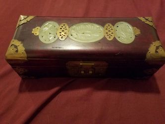 VINTAGE TEAK WOOD & JADE Jewelry Box