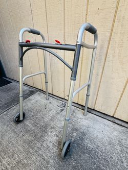 Drive Medical Two-Button Folding Walker with Wheels, Height Adjustable Two-Button Rolling Walker Features Dual Push-Button Operation, Adjustable Heigh