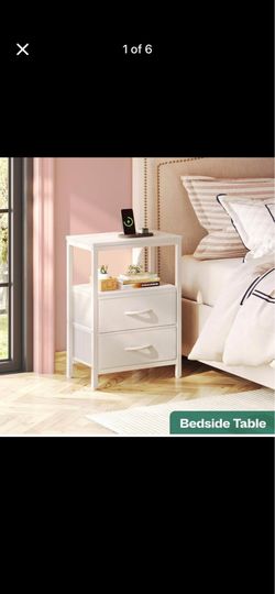 Set of 2 Nightstands with Charging Station & Fabric Drawers – White – New